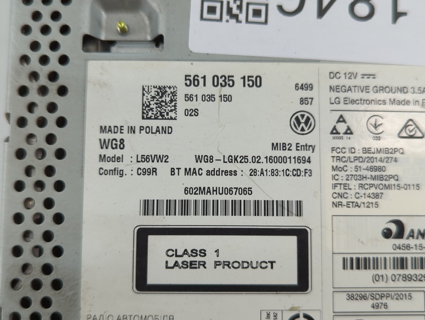 2016 Volkswagen Passat Radio AM FM Cd Player Receiver Replacement P/N:561 035 150 Fits Fits 2013 2014 2015 2017 OEM Used Aut