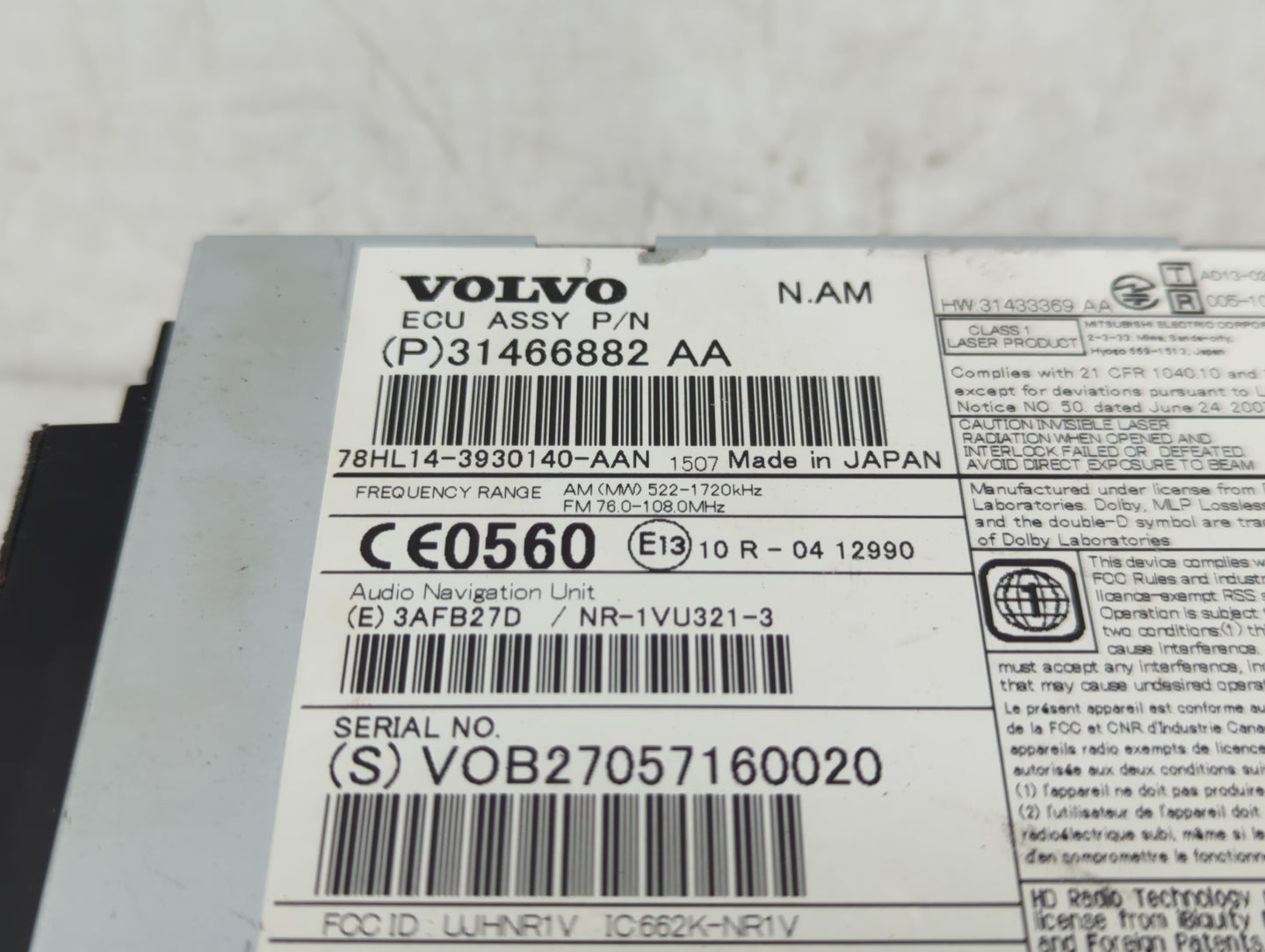 2016-2018 Volvo V60 Radio AM FM Cd Player Receiver Replacement P/N:31466882 AA Fits Fits 2015 2016 2017 2018 OEM Used Auto P