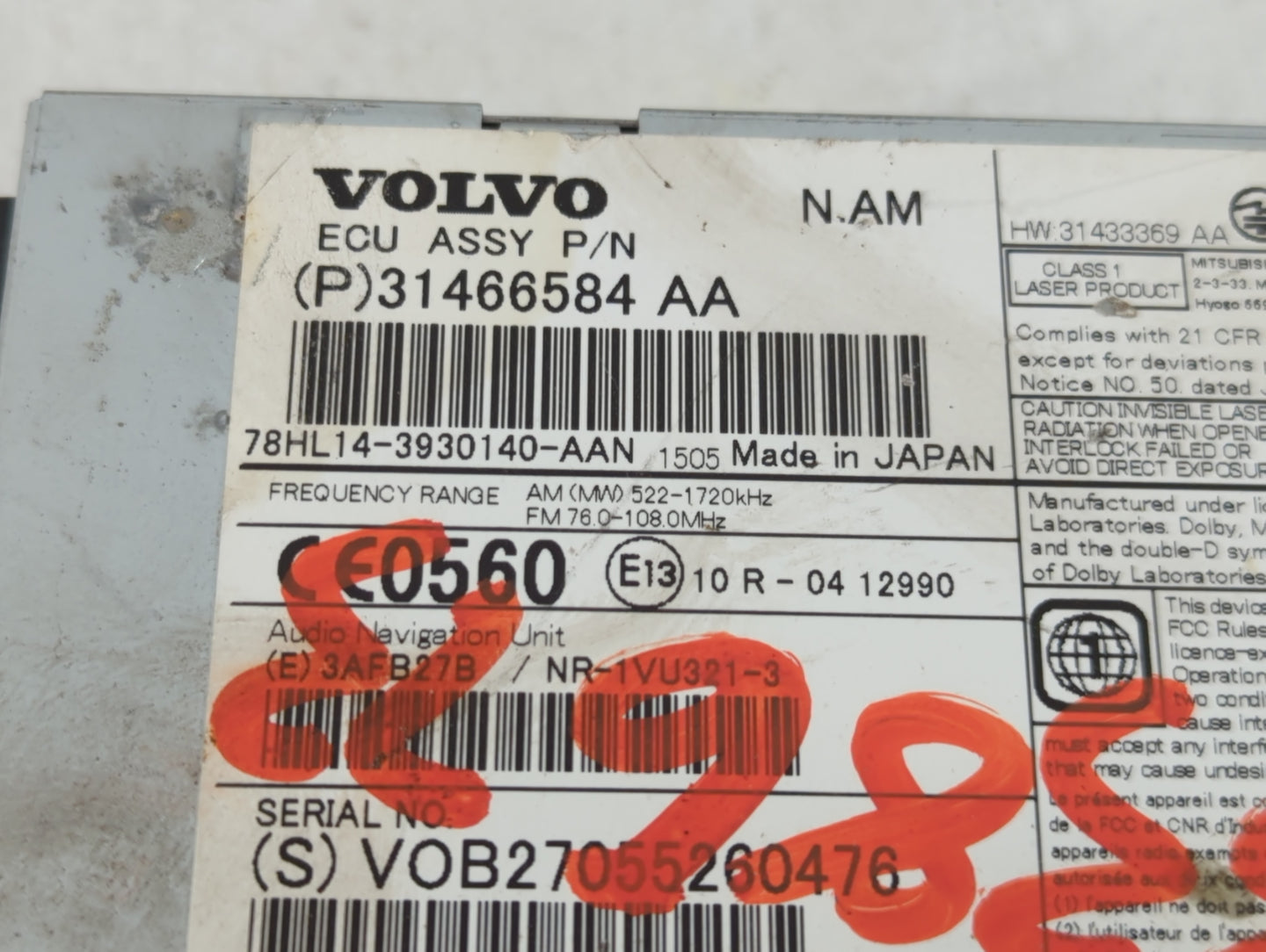 2016 Volvo Xc60 Radio AM FM Cd Player Receiver Replacement P/N:31466584AA Fits Fits 2017 2018 OEM Used Auto Parts - Oemuseda