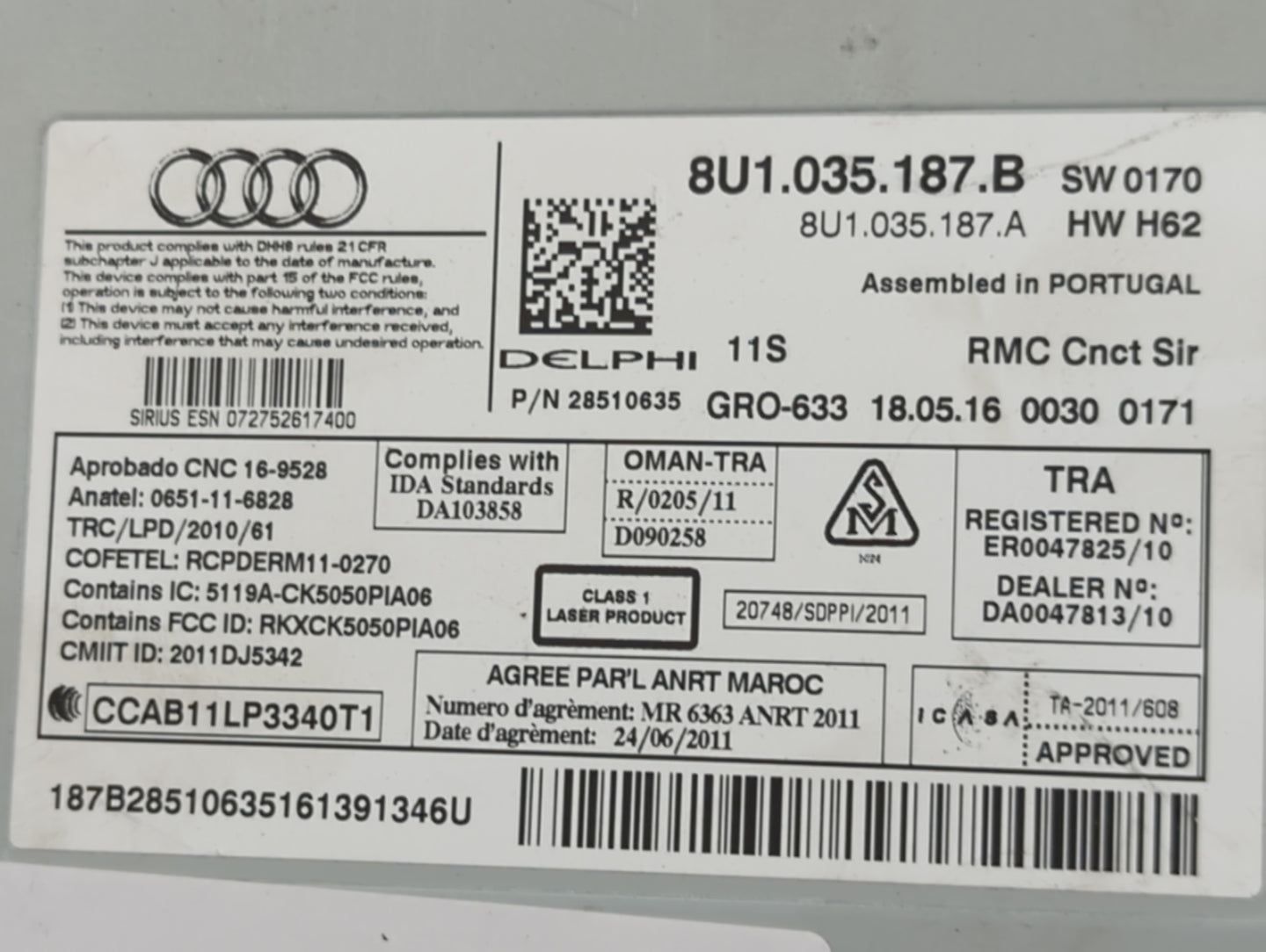 2017-2018 Audi Q3 Radio AM FM Cd Player Receiver Replacement P/N:8U1035187B 8U1035187A, 28510635 Fits Fits 2017 2018 OEM Use