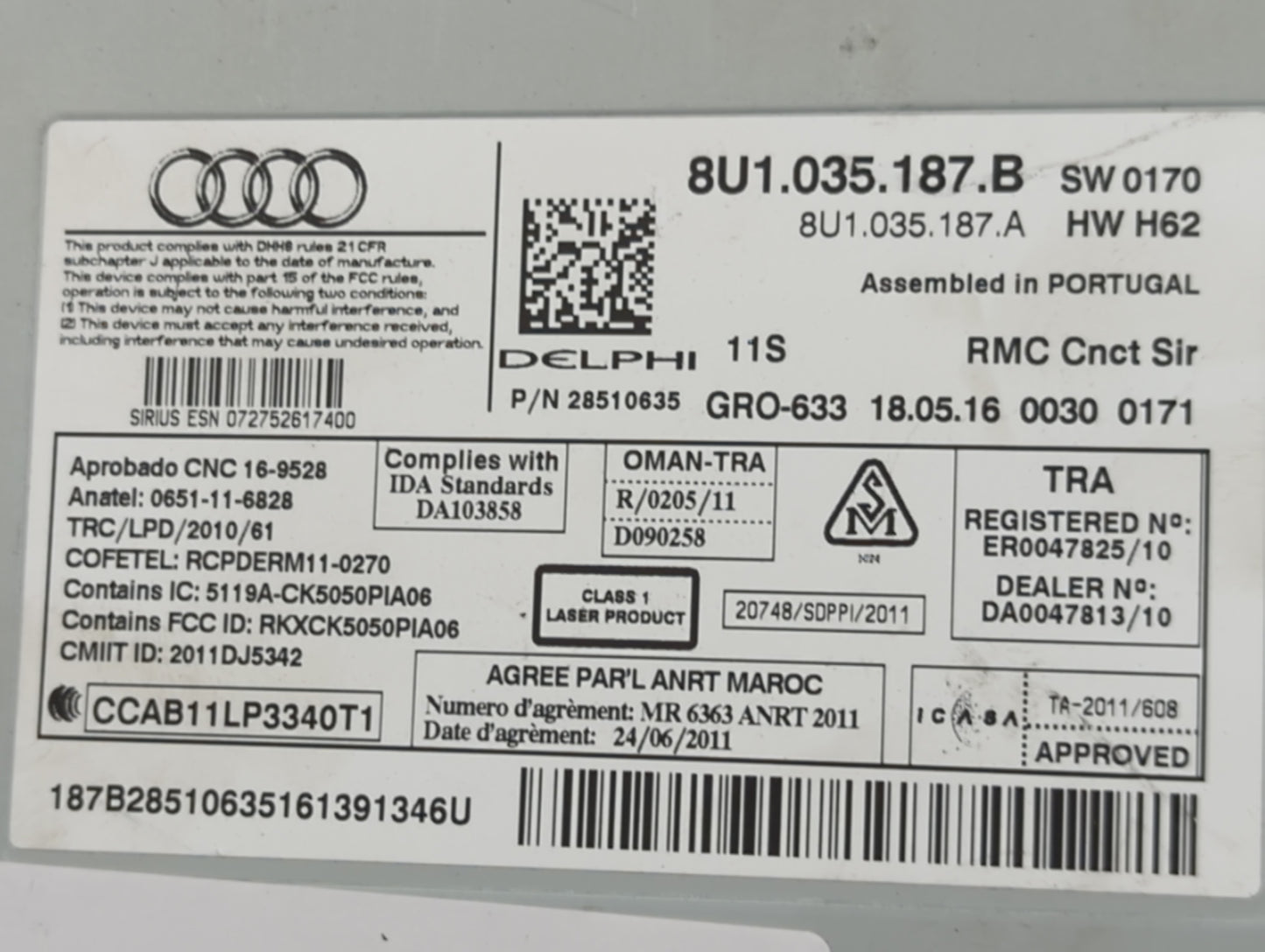 2017-2018 Audi Q3 Radio AM FM Cd Player Receiver Replacement P/N:8U1035187B 8U1035187A, 28510635 Fits Fits 2017 2018 OEM Use