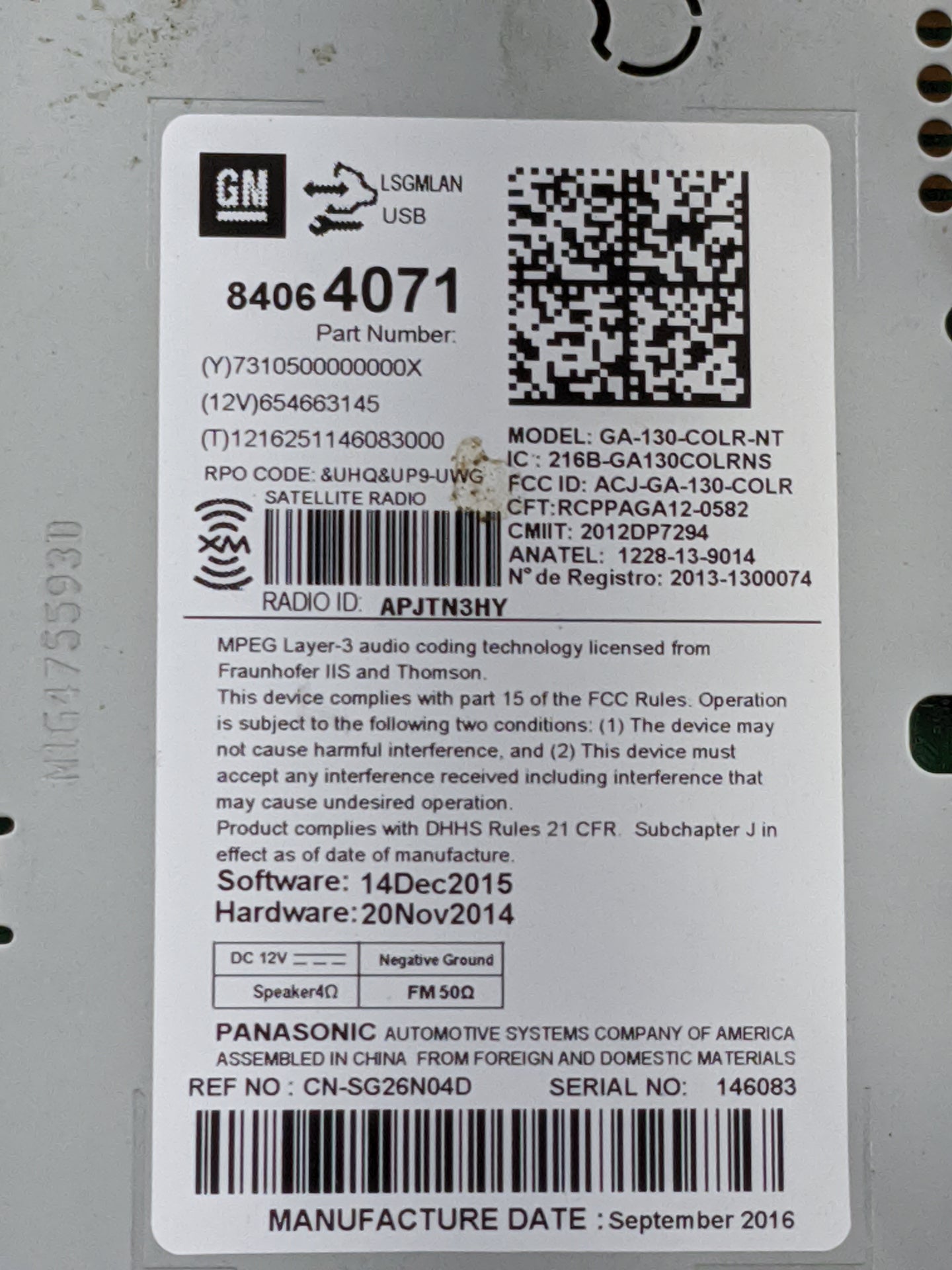 2016-2017 Chevrolet Equinox Radio AM FM Cd Player Receiver Replacement P/N:84064071 GA-130-COLR-NT Fits Fits 2014 2015 2016 