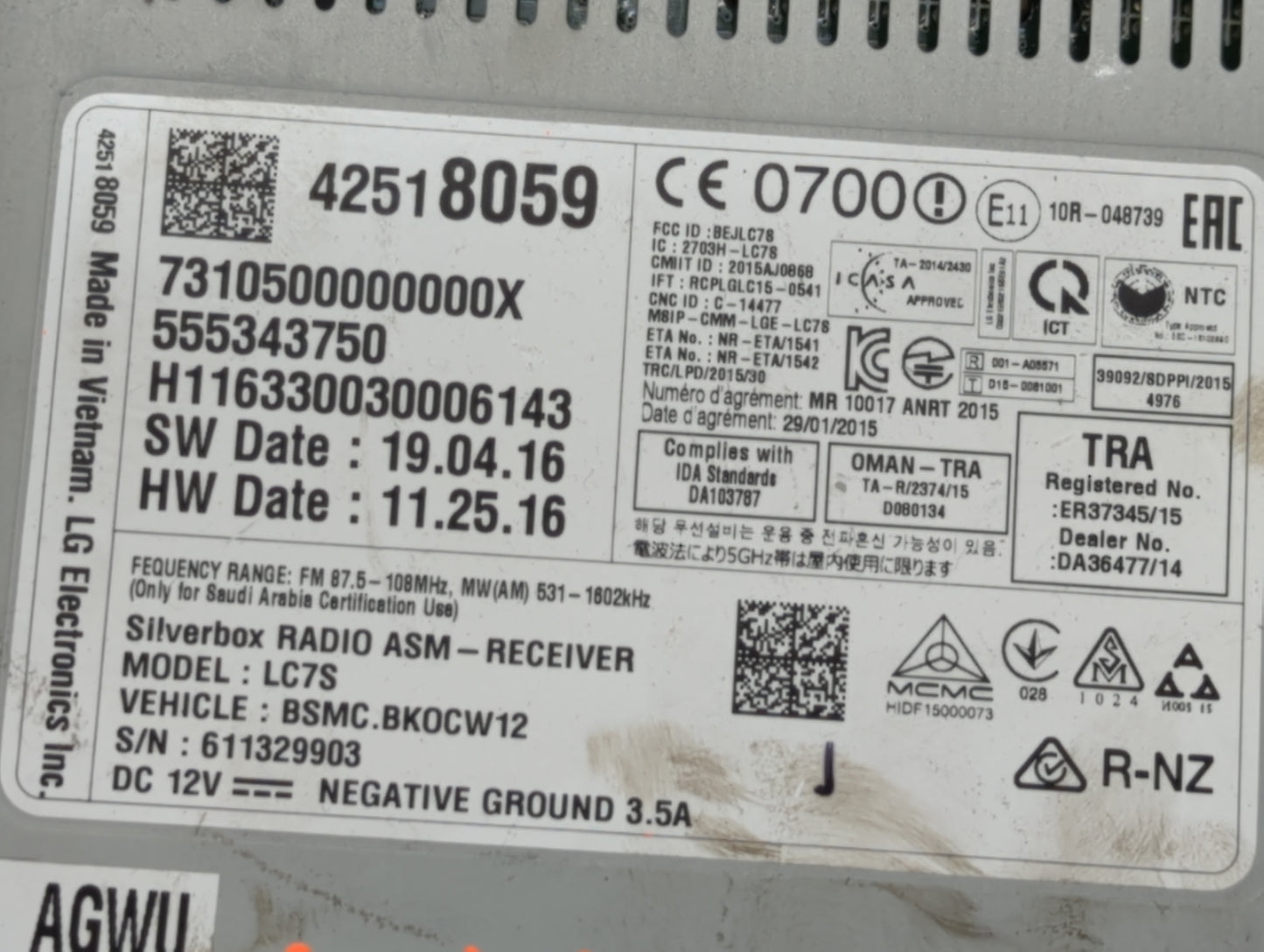 2017 Chevrolet Spark Radio AM FM Cd Player Receiver Replacement P/N:42518059 Fits Fits 2018 2019 OEM Used Auto Parts - Oemus