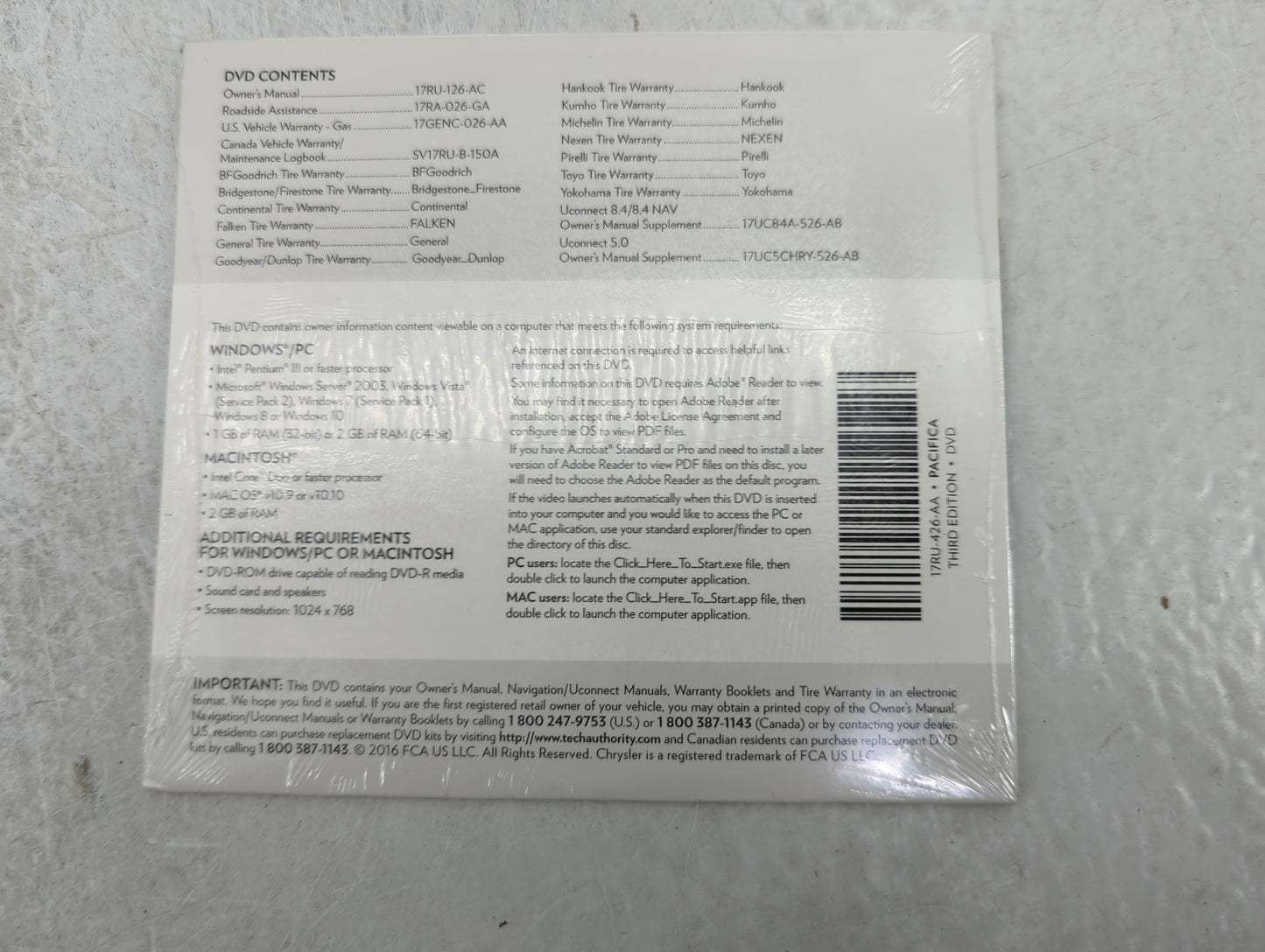 2017 Chrysler Pacifica Owners Manual Book Guide P/N:17RU-926-AA OEM Used Auto Parts - Oemusedautoparts1.com