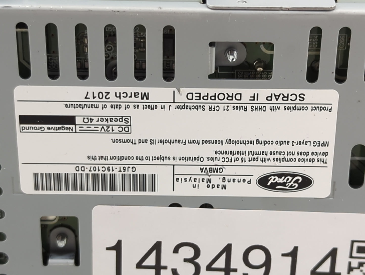 2017-2019 Ford Escape Radio AM FM Cd Player Receiver Replacement P/N:GJ5T-19C107-DD CQ-CJ6N424MC Fits Fits 2017 2018 2019 OE
