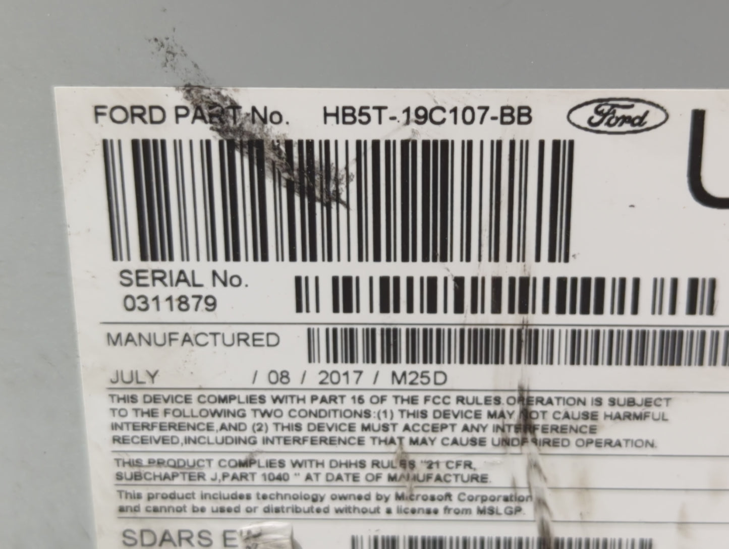 2016-2017 Ford Explorer Radio AM FM Cd Player Receiver Replacement P/N:HB5T-19C107-BB Fits Fits 2016 2017 OEM Used Auto Part