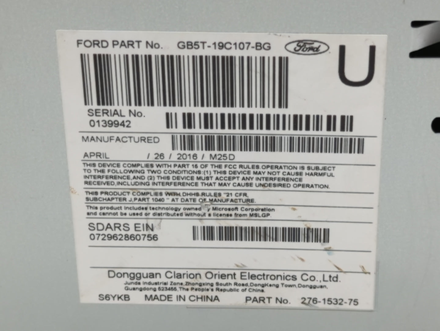 2016-2017 Ford Explorer Radio AM FM Cd Player Receiver Replacement P/N:GB5T-19C107-BG Fits Fits 2016 2017 OEM Used Auto Part