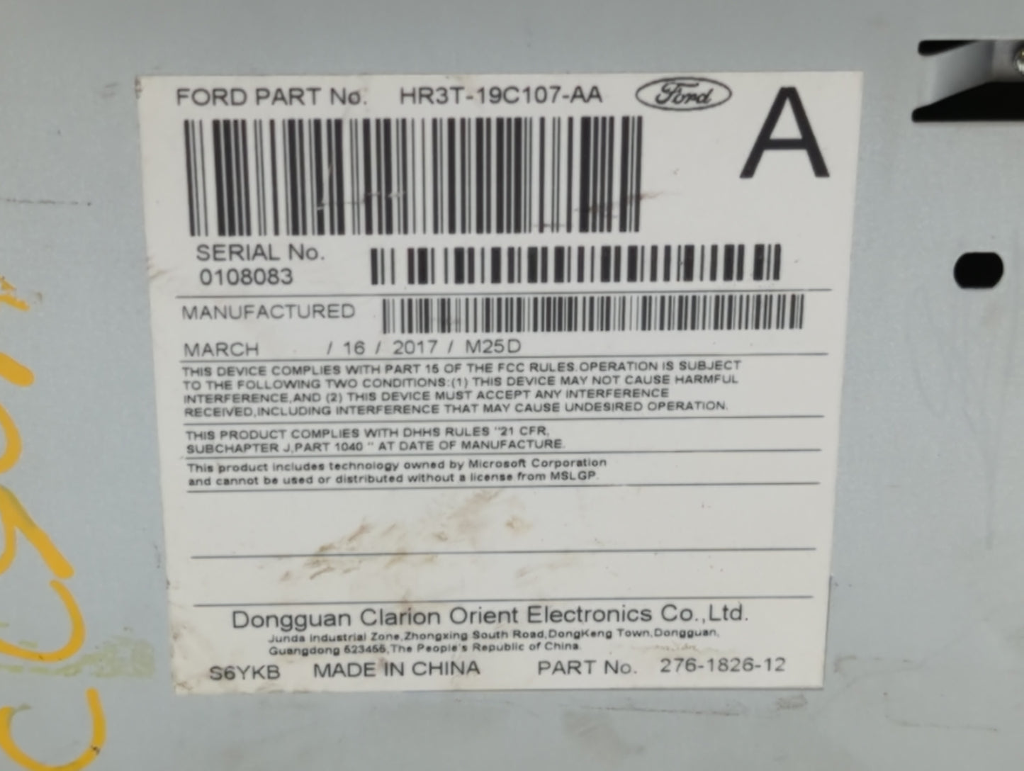 2017-2018 Ford Mustang Radio AM FM Cd Player Receiver Replacement P/N:HR3T-19C107-AA Fits Fits 2017 2018 OEM Used Auto Parts