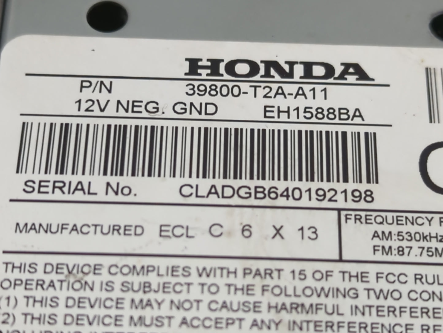 2016-2017 Honda Accord Radio AM FM Cd Player Receiver Replacement P/N:39800-T2A-A11 Fits Fits 2016 2017 OEM Used Auto Parts 