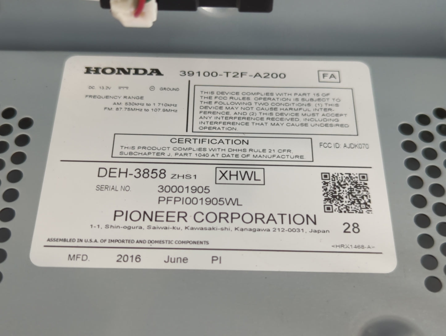 2017 Honda Accord Radio AM FM Cd Player Receiver Replacement P/N:39100-T2F-A200 Fits OEM Used Auto Parts - Oemusedautoparts1