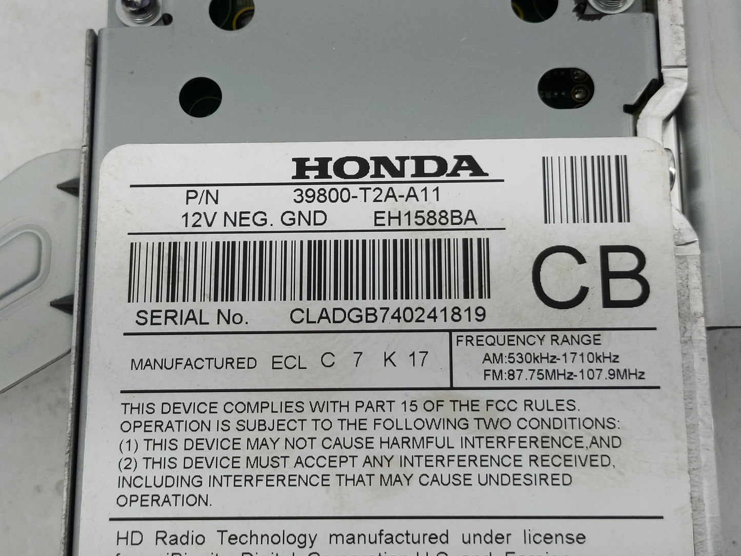 2016-2017 Honda Accord Radio AM FM Cd Player Receiver Replacement P/N:39800-T2A-A11 Fits Fits 2016 2017 OEM Used Auto Parts 