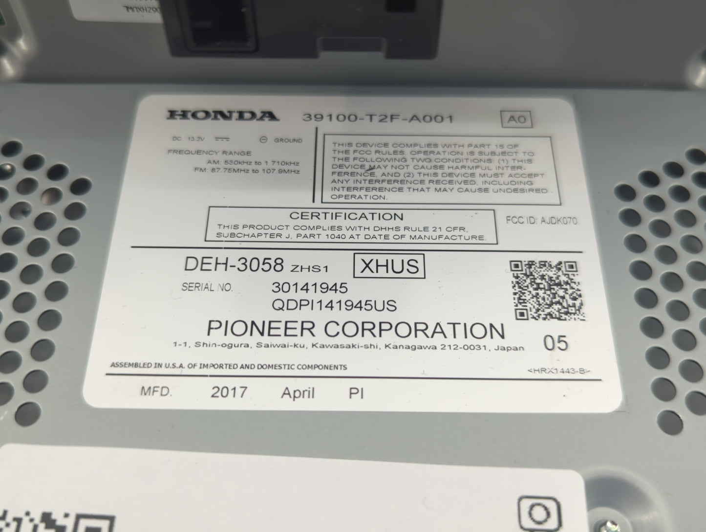 2016-2017 Honda Accord Radio Control Panel - Oemusedautoparts1.com