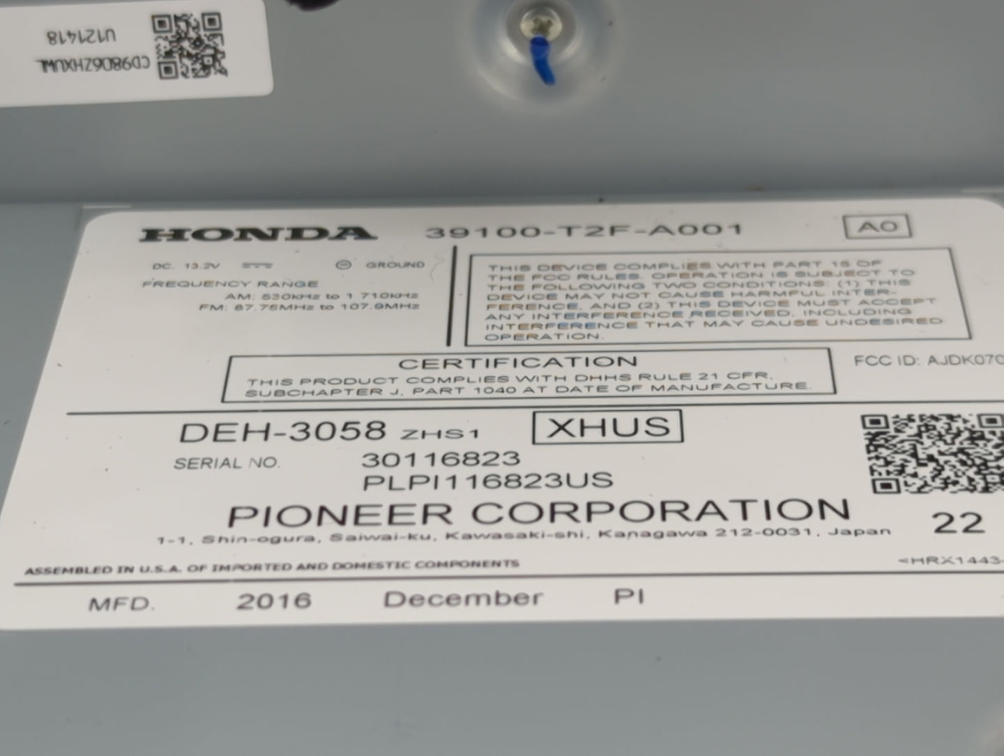 2016-2017 Honda Accord Radio AM FM Cd Player Receiver Replacement P/N:39100-T2F-A001 DEH-3058 Fits Fits 2016 2017 OEM Used A