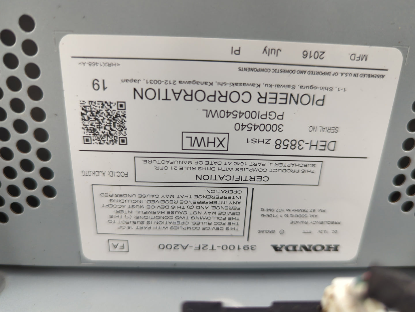2017 Honda Accord Radio AM FM Cd Player Receiver Replacement P/N:39100-T2F-A200 DEH-3858, 30004540, PGPI004540WL, AJDK07C Fi