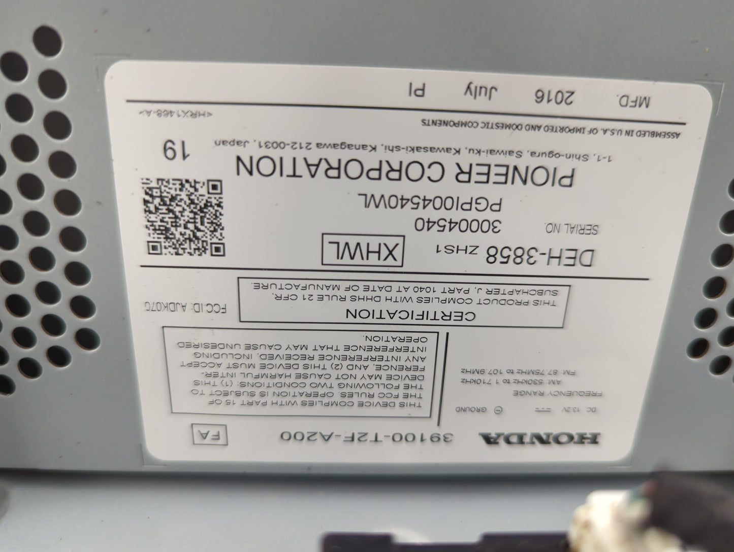 2017 Honda Accord Radio AM FM Cd Player Receiver Replacement P/N:39100-T2F-A200 DEH-3858, 30004540, PGPI004540WL, AJDK07C Fi