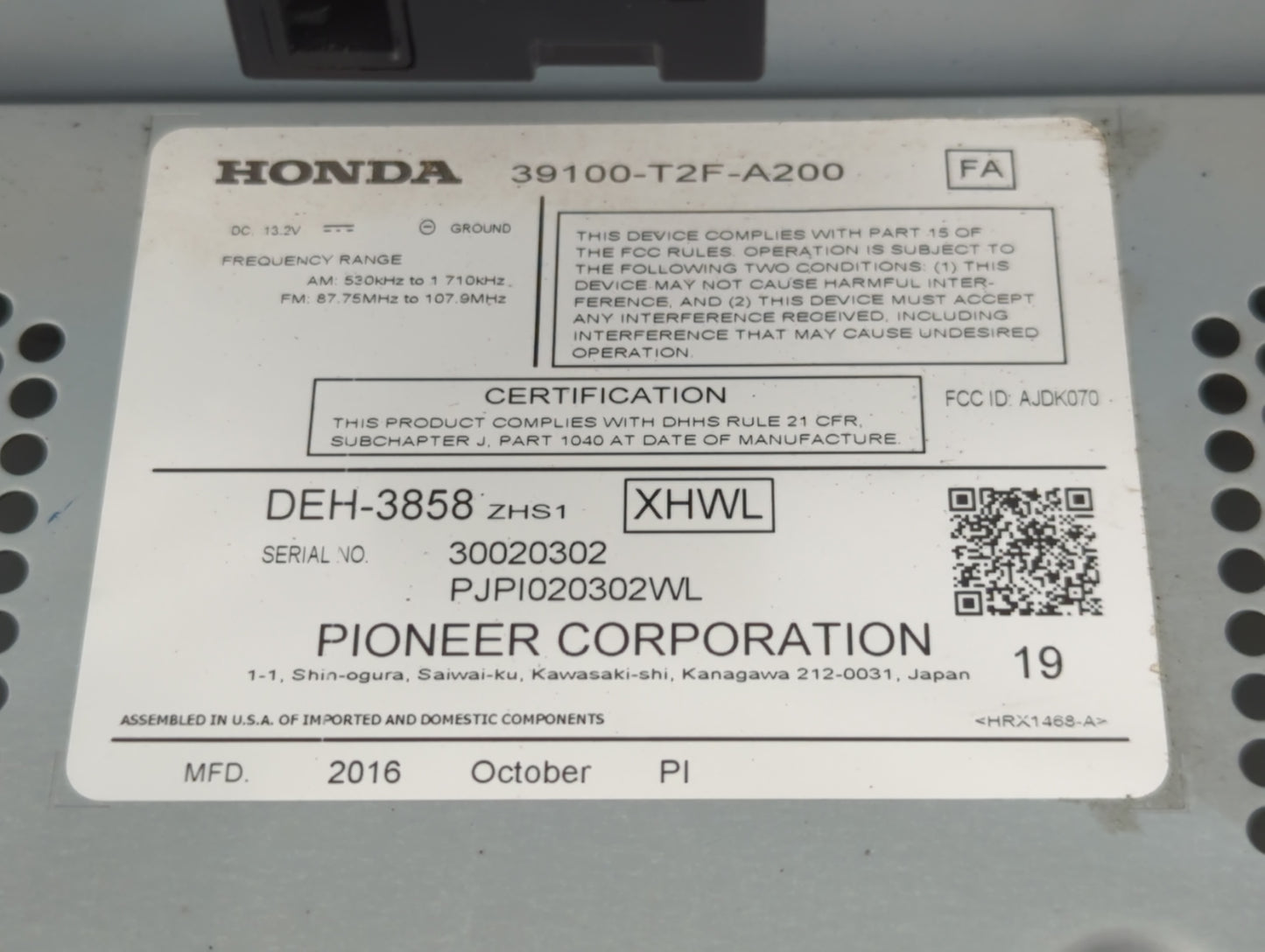 2017-2017 Honda Accord Am Fm Cd Player Radio Receiver - Oemusedautoparts1.com