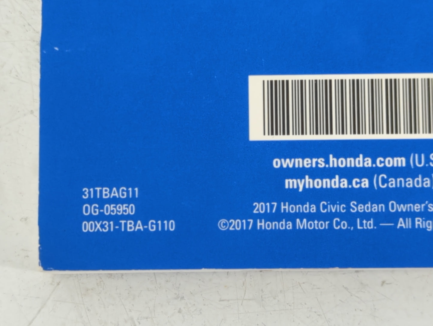 2017 Honda Civic Owners Manual Book Guide P/N:00X31-TBA-G110 0G-05950, 31TBAG11 OEM Used Auto Parts - Oemusedautoparts1.com
