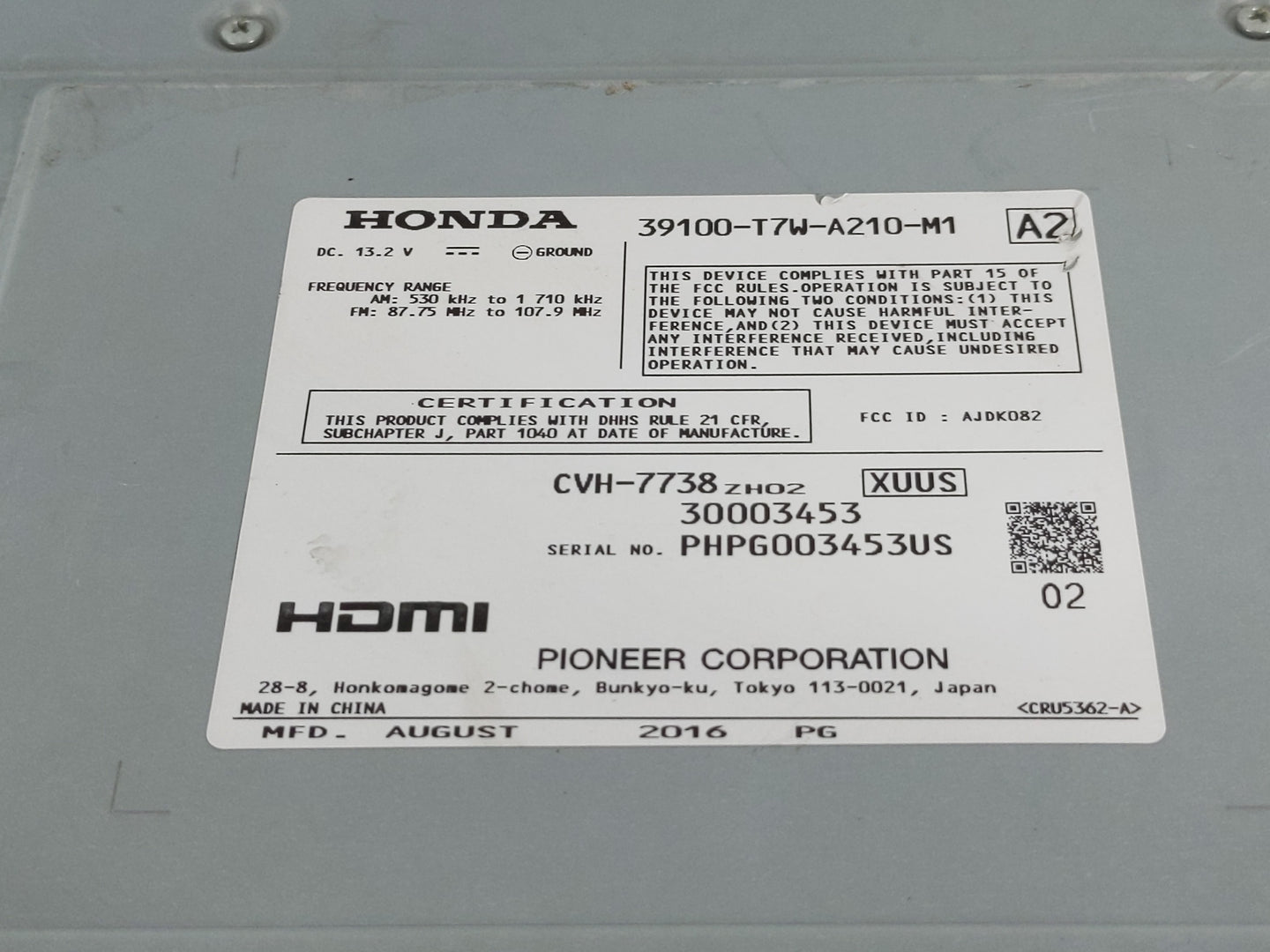 2017 Honda Hr-V Radio AM FM Cd Player Receiver Replacement P/N:39100-T7W-A210-M1 Fits OEM Used Auto Parts - Oemusedautoparts