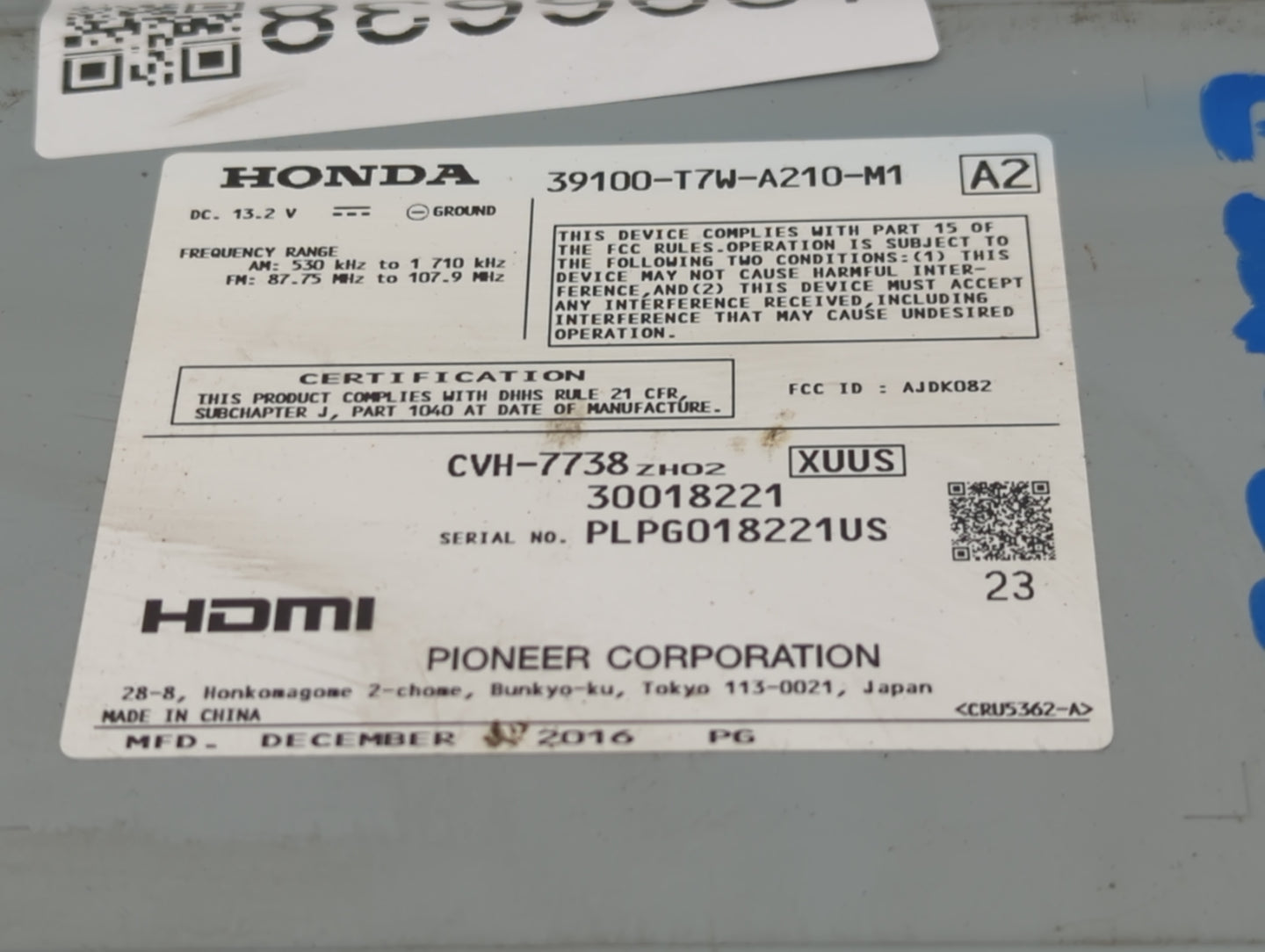 2017 Honda Hr-V Radio AM FM Cd Player Receiver Replacement P/N:39100-T7W-A210-M1 Fits OEM Used Auto Parts - Oemusedautoparts