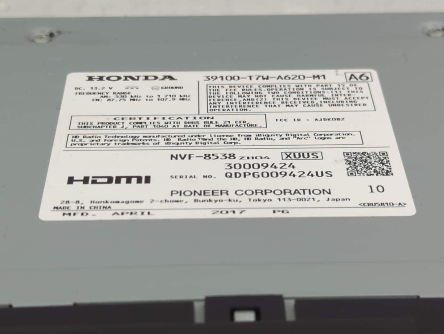 2017 Honda Hr-V Radio AM FM Cd Player Receiver Replacement P/N:39100-T7W-A620-M1 NVF-8538, 30009424, QDPG009424US Fits OEM U