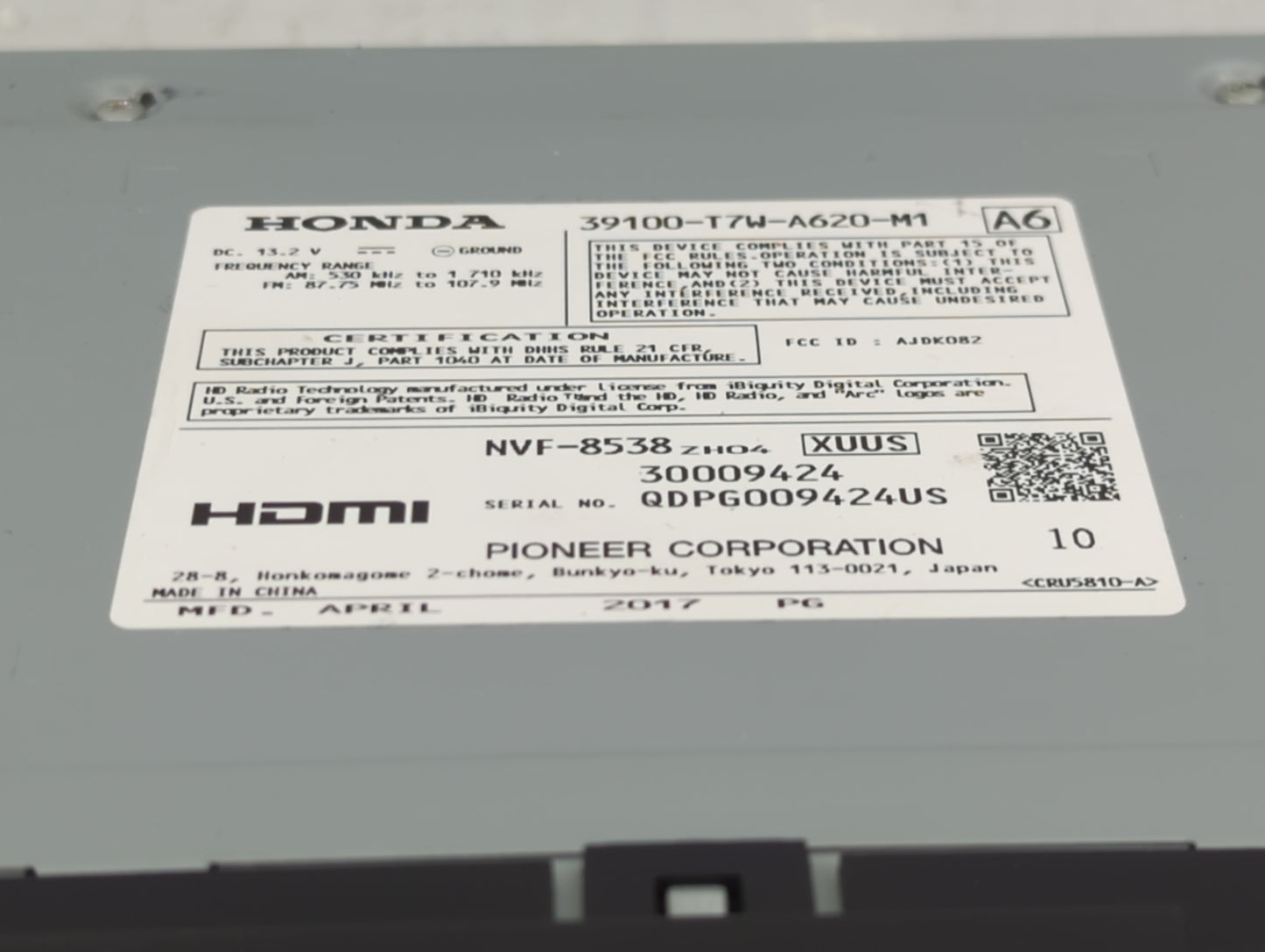 2017 Honda Hr-V Radio AM FM Cd Player Receiver Replacement P/N:39100-T7W-A620-M1 NVF-8538, 30009424, QDPG009424US Fits OEM U
