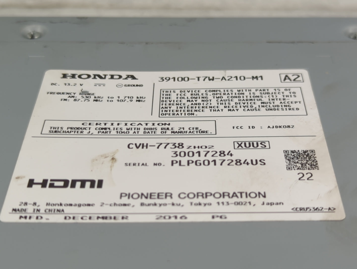 2017 Honda Hr-V Radio AM FM Cd Player Receiver Replacement P/N:39100-T7W-A210-M1 CVH-7738, AJDK082 Fits OEM Used Auto Parts 