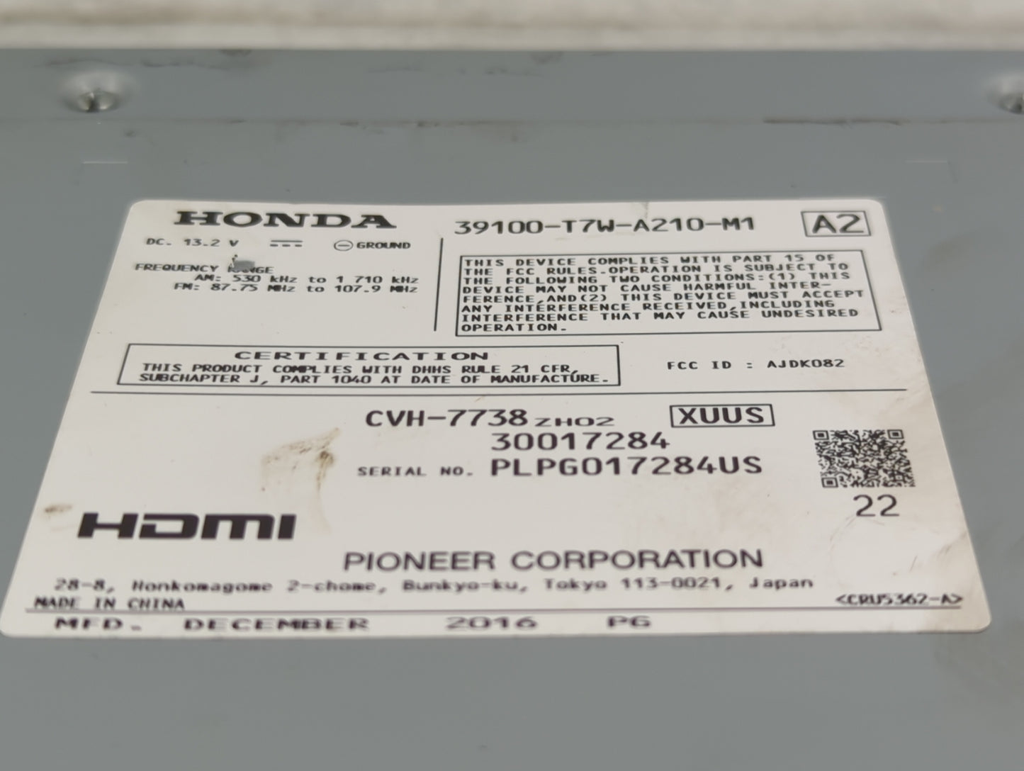 2017 Honda Hr-V Radio AM FM Cd Player Receiver Replacement P/N:39100-T7W-A210-M1 CVH-7738, AJDK082 Fits OEM Used Auto Parts 