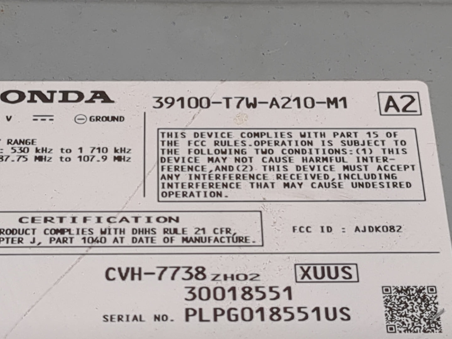 2017 Honda Hr-V Radio AM FM Cd Player Receiver Replacement P/N:39100-T7W-A210-M1 CVH-7738, AJDK082, PLPG018551US Fits OEM Us
