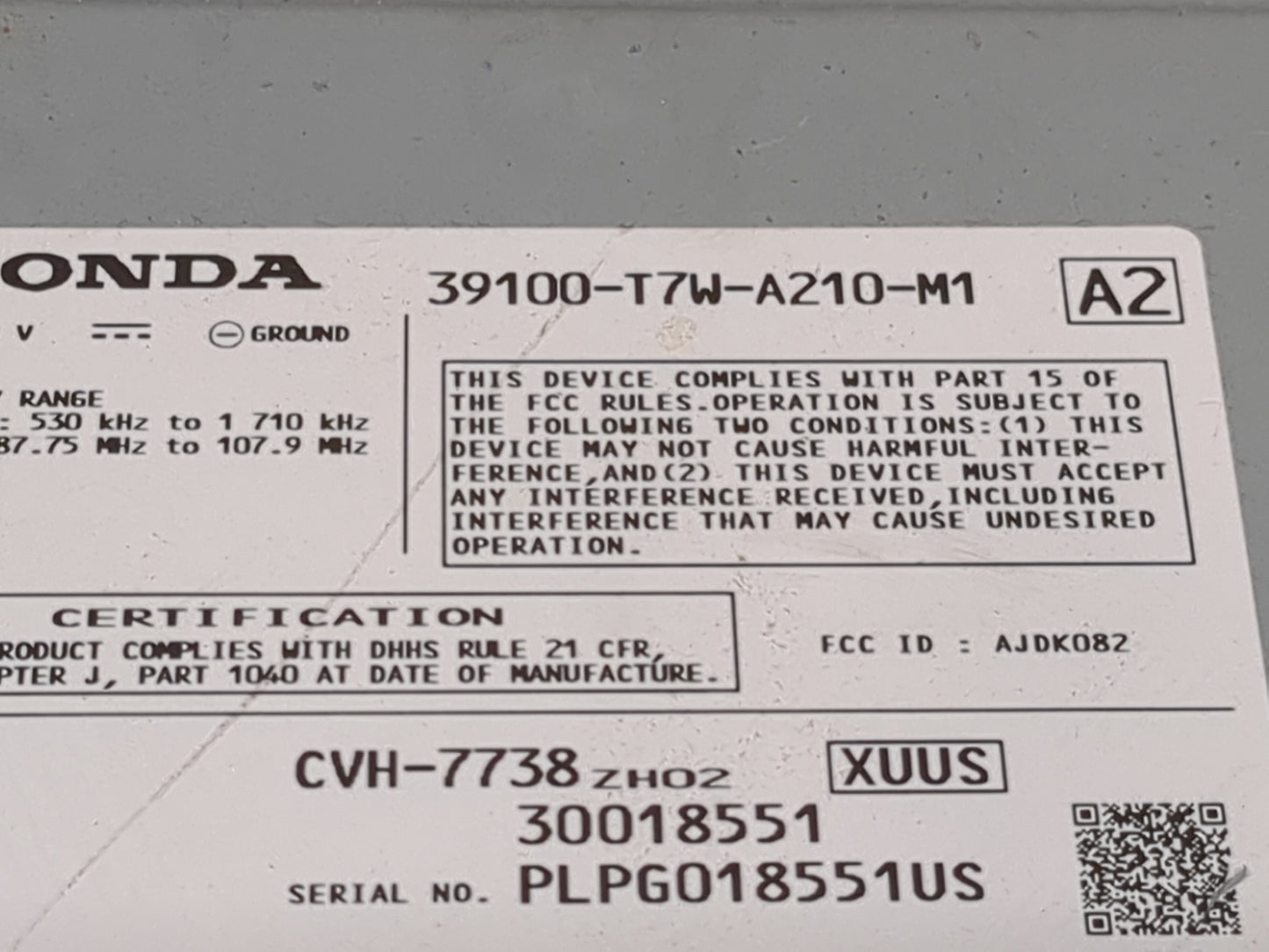 2017 Honda Hr-V Radio AM FM Cd Player Receiver Replacement P/N:39100-T7W-A210-M1 CVH-7738, AJDK082, PLPG018551US Fits OEM Us