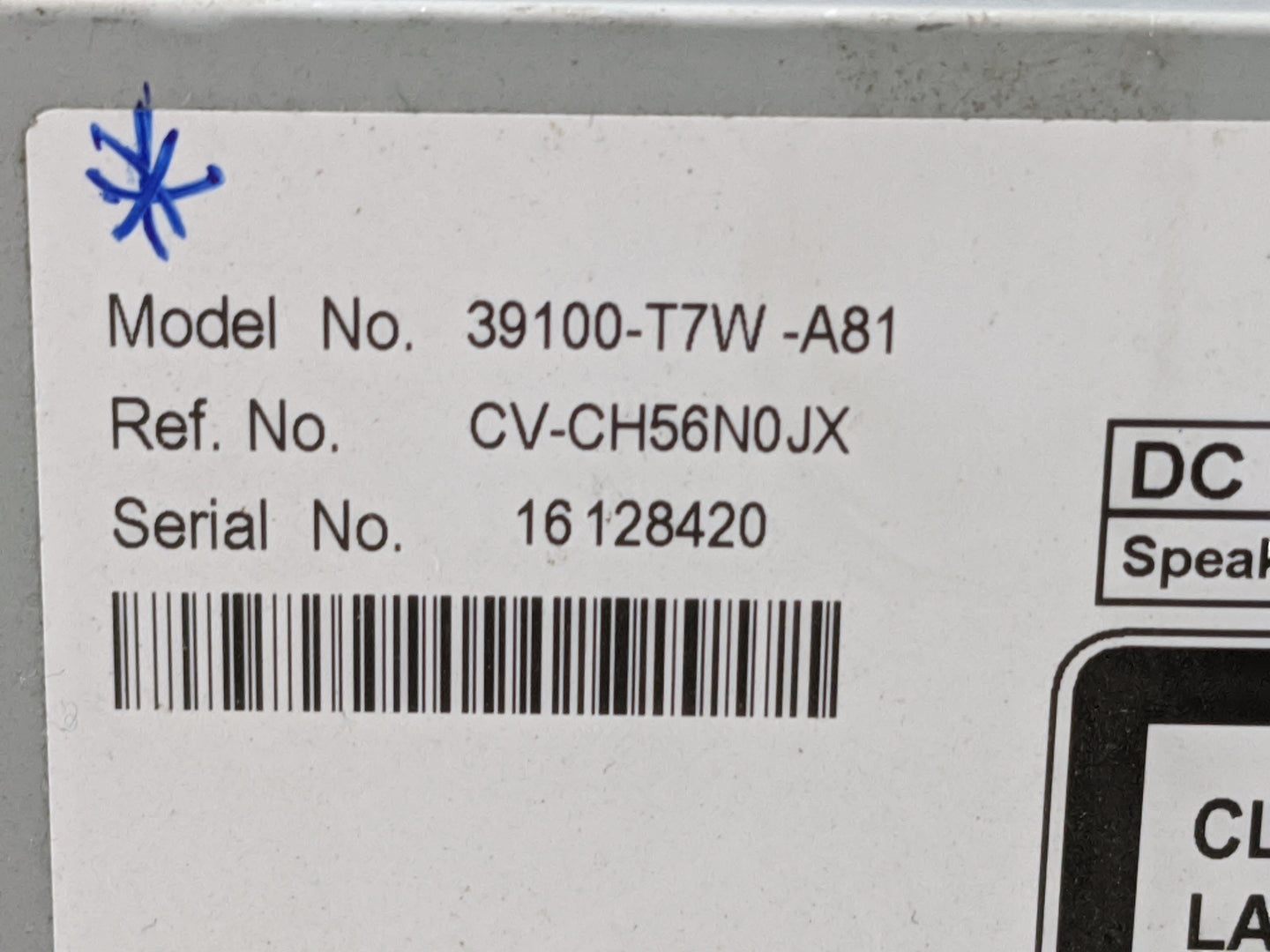 2017 Honda Hr-V Radio AM FM Cd Player Receiver Replacement P/N:39100-T7W-A81 CV-CH56N0JX Fits OEM Used Auto Parts - Oemuseda