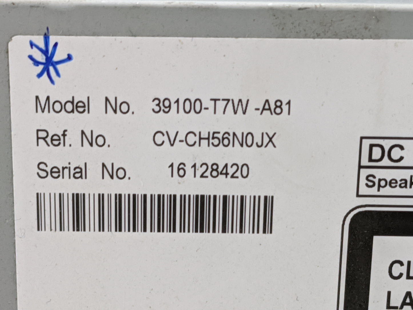 2017 Honda Hr-V Radio AM FM Cd Player Receiver Replacement P/N:39100-T7W-A81 CV-CH56N0JX Fits OEM Used Auto Parts - Oemuseda