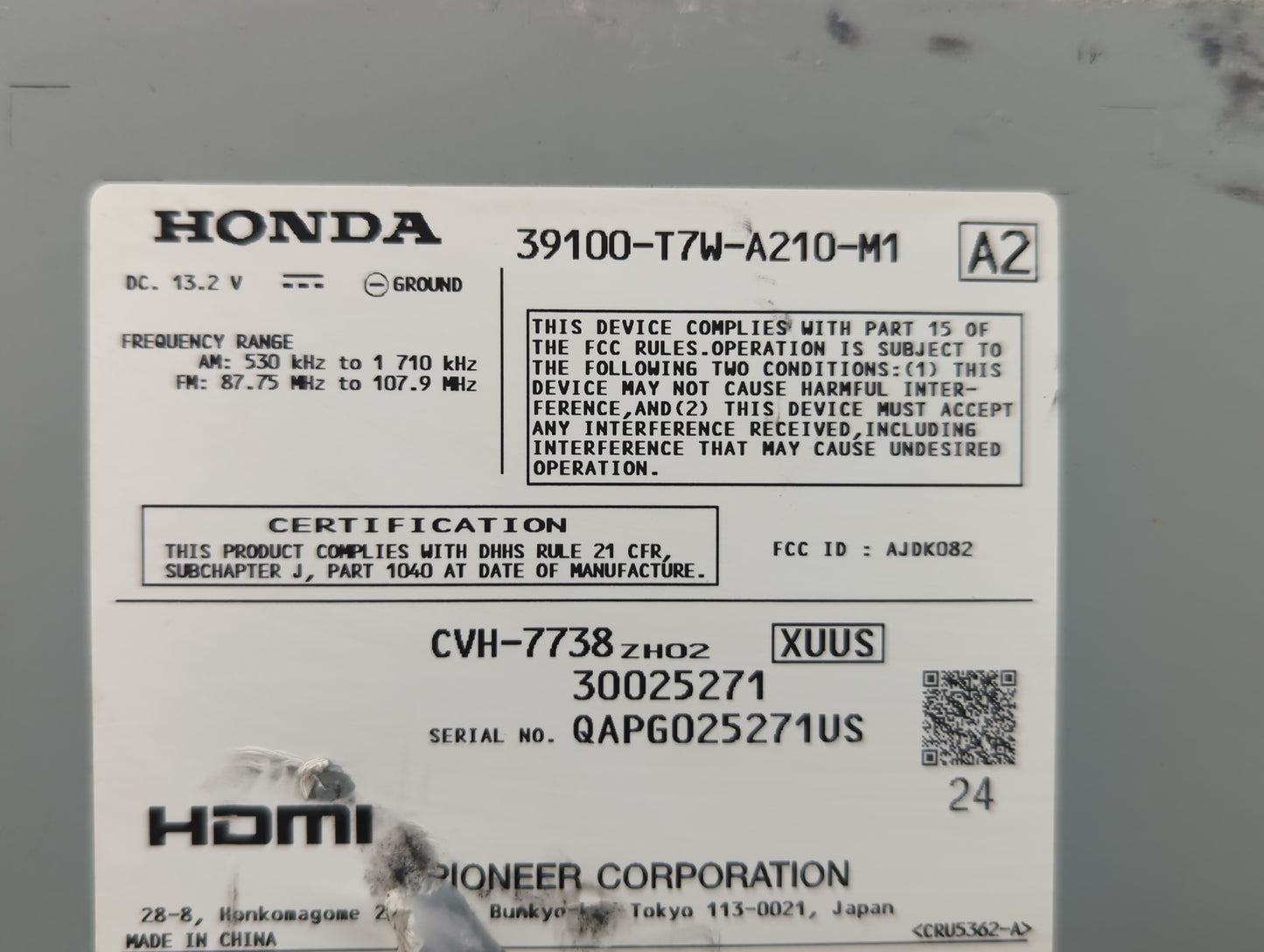 2017-2017 Honda Hr-v Am Fm Cd Player Radio Receiver - Oemusedautoparts1.com