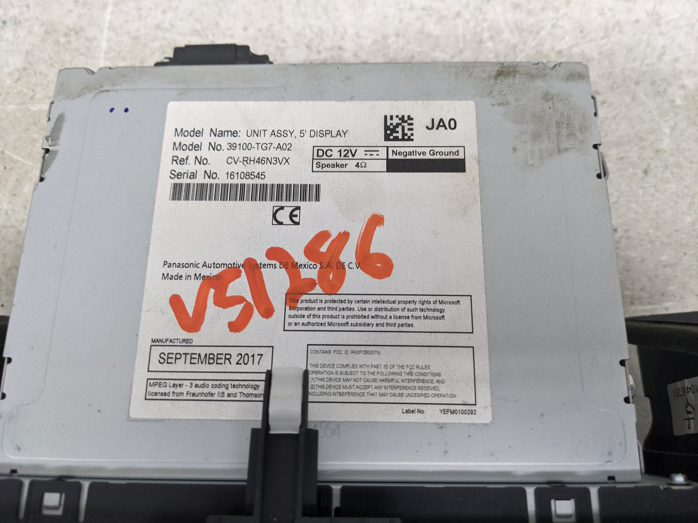 2016-2019 Honda Pilot Radio AM FM Cd Player Receiver Replacement P/N:39100-TG7-A02 CV-RH46N3VX Fits Fits 2016 2017 2018 2019