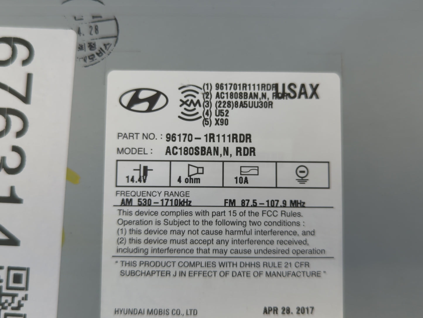 2015-2017 Hyundai Accent Radio AM FM Cd Player Receiver Replacement P/N:96170-1R111RDR Fits Fits 2015 2016 2017 OEM Used Aut