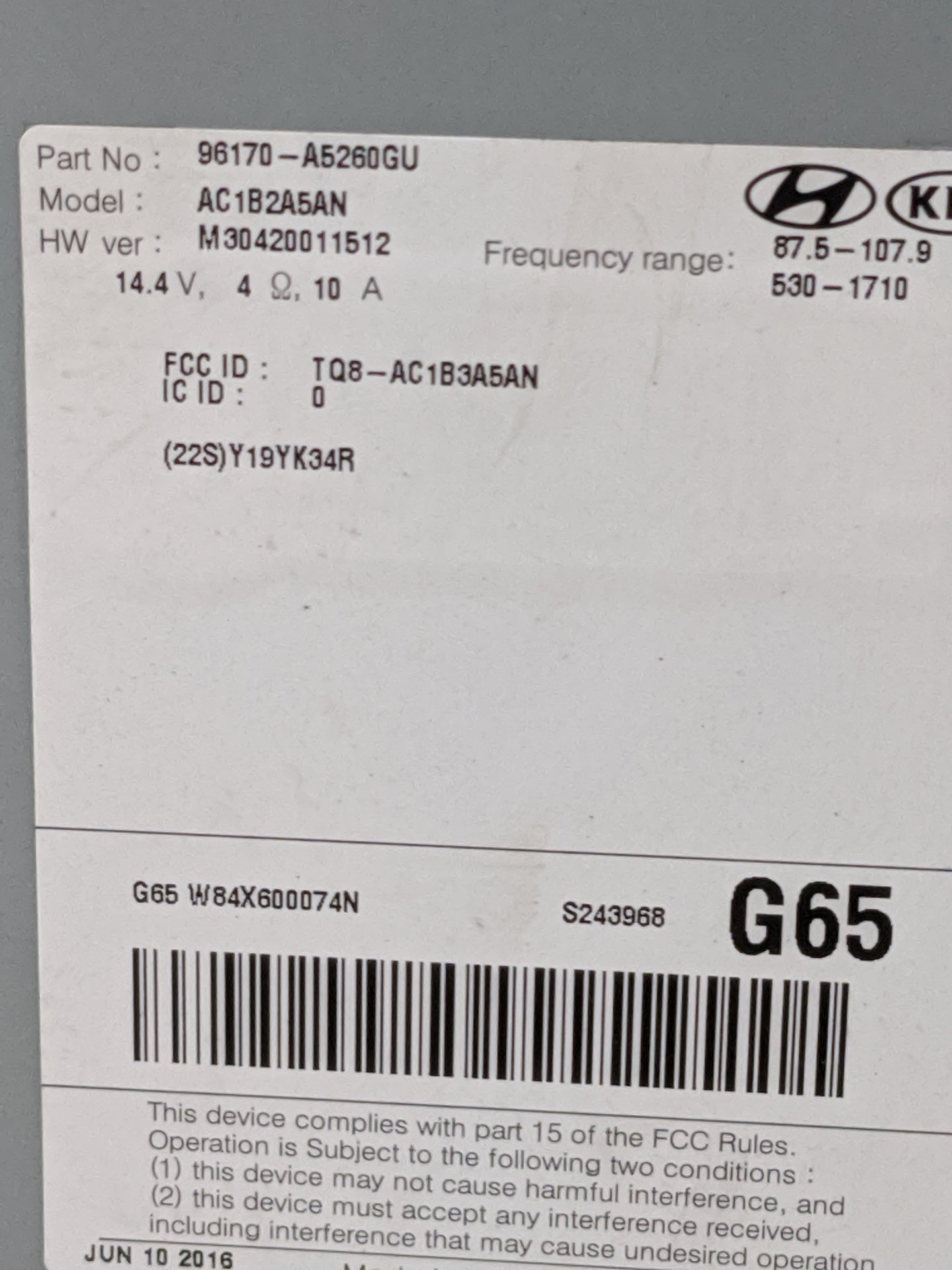 2016-2017 Hyundai Elantra Radio AM FM Cd Player Receiver Replacement P/N:96170-A5260GU AC1B2A5AN Fits Fits 2016 2017 OEM Use