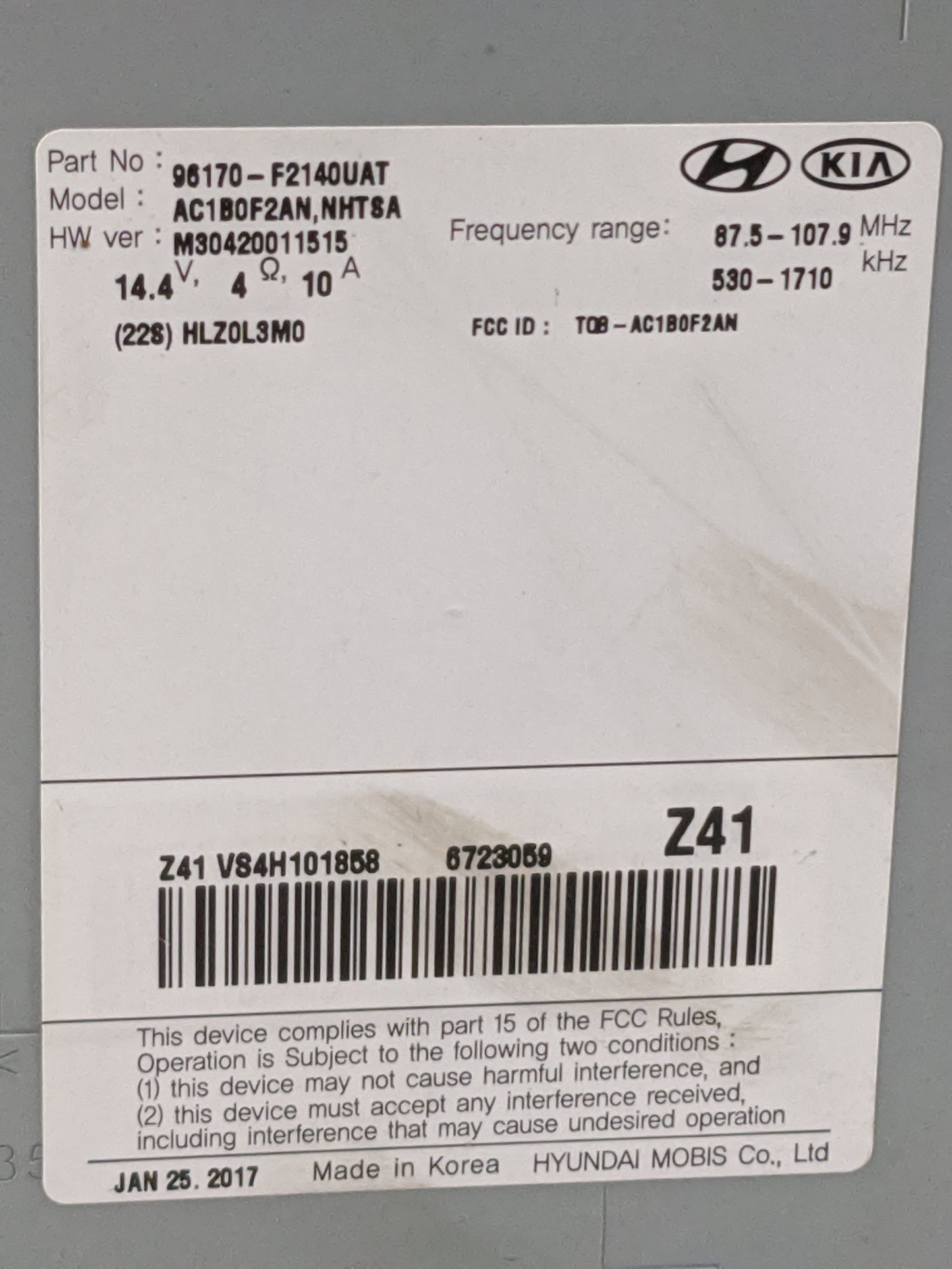 2017-2018 Hyundai Elantra Radio AM FM Cd Player Receiver Replacement P/N:96170-F2140UAT AC1B0F2AN Fits Fits 2017 2018 OEM Us