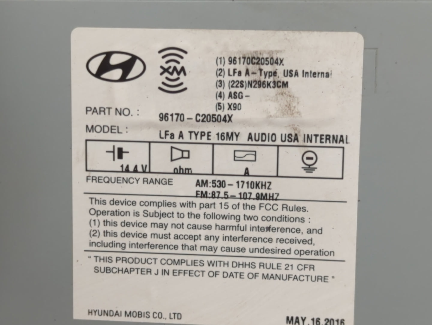 2015-2017 Hyundai Sonata Radio AM FM Cd Player Receiver Replacement P/N:96170-C20504X Fits Fits 2015 2016 2017 OEM Used Auto