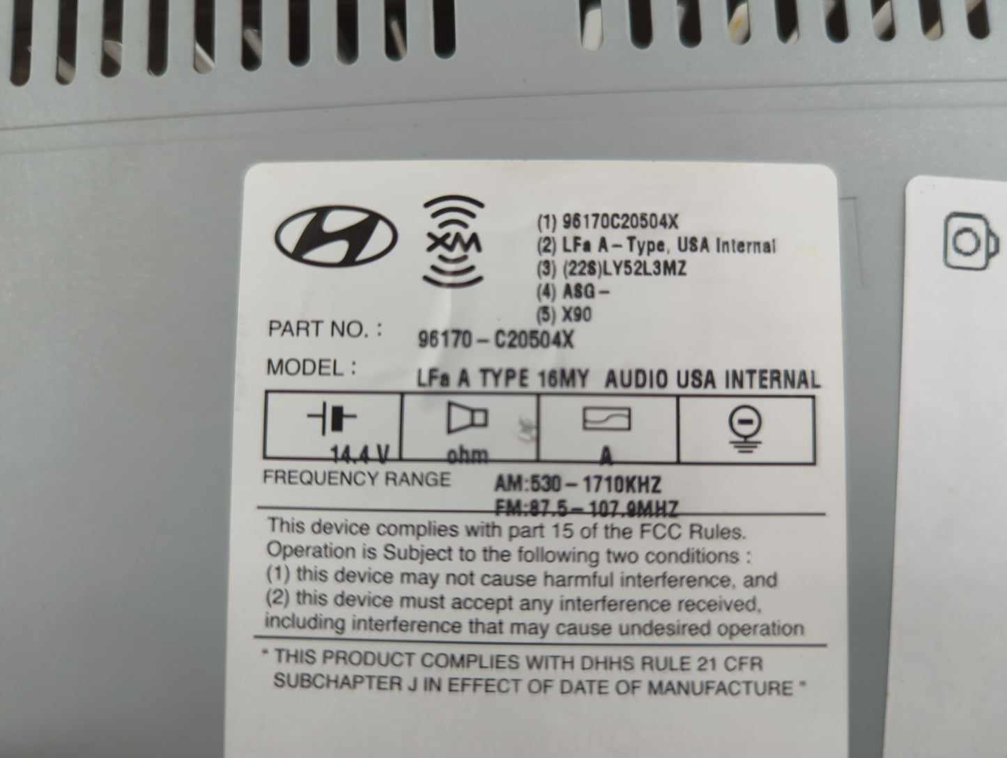 2016-2017 Hyundai Sonata Radio AM FM Cd Player Receiver Replacement P/N:96170-C20504X Fits Fits 2016 2017 OEM Used Auto Part