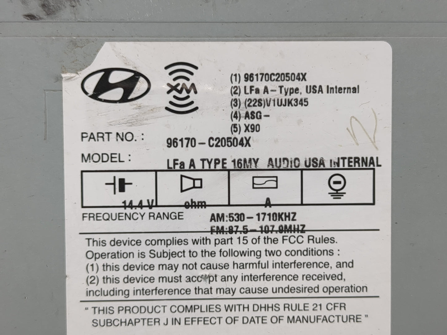 2016-2017 Hyundai Sonata Radio AM FM Cd Player Receiver Replacement P/N:96170-C20504X Fits Fits 2016 2017 OEM Used Auto Part
