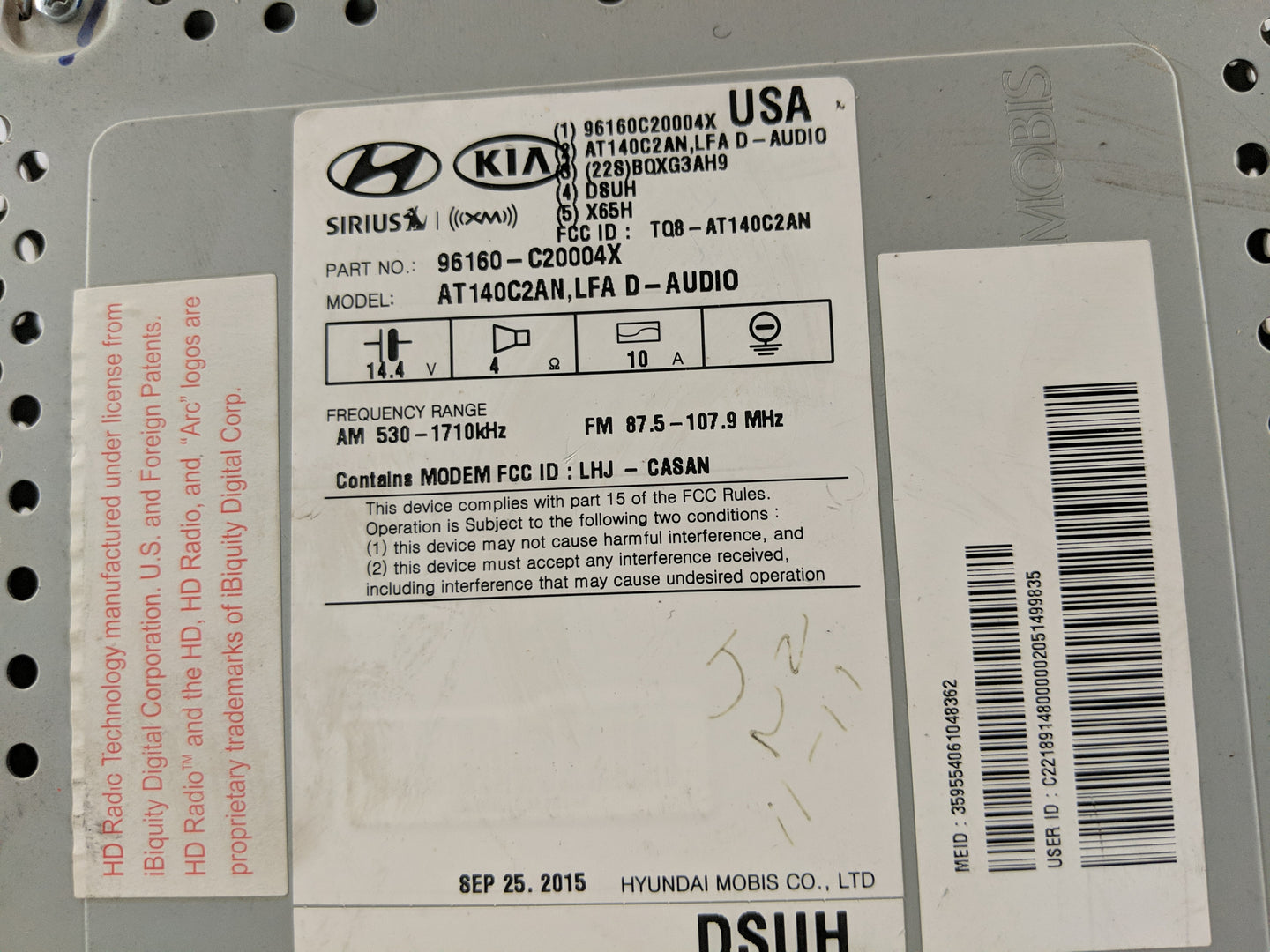 2016-2017 Hyundai Sonata Radio AM FM Cd Player Receiver Replacement P/N:96160-C20004X Fits Fits 2016 2017 OEM Used Auto Part