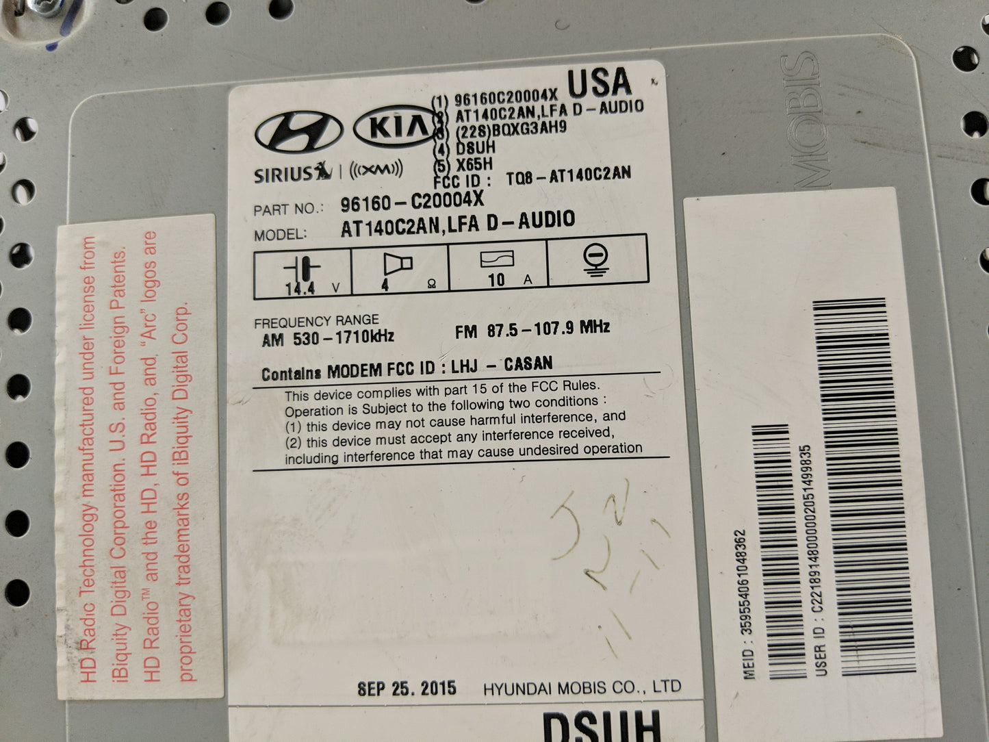 2016-2017 Hyundai Sonata Radio AM FM Cd Player Receiver Replacement P/N:96160-C20004X Fits Fits 2016 2017 OEM Used Auto Part