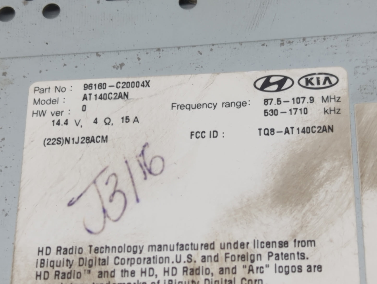 2016-2017 Hyundai Sonata Radio AM FM Cd Player Receiver Replacement P/N:96160-C20004X Fits Fits 2016 2017 OEM Used Auto Part