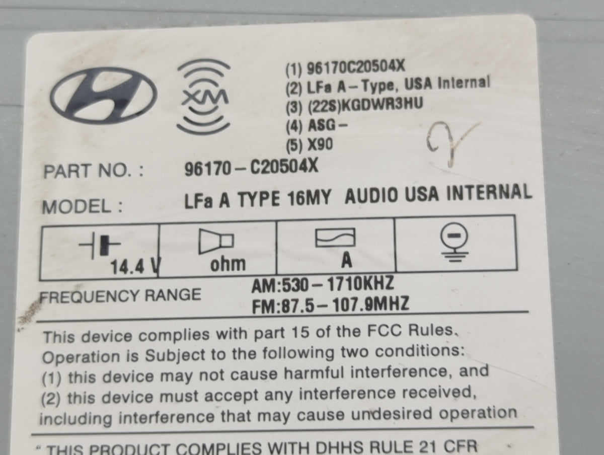 2016-2017 Hyundai Sonata Radio AM FM Cd Player Receiver Replacement P/N:96170-C20504X Fits 2016 2017 OEM Used Auto Parts - O