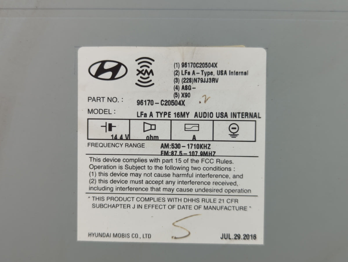 2016-2017 Hyundai Sonata Radio AM FM Cd Player Receiver Replacement P/N:96170-C20504X Fits 2016 2017 OEM Used Auto Parts - O