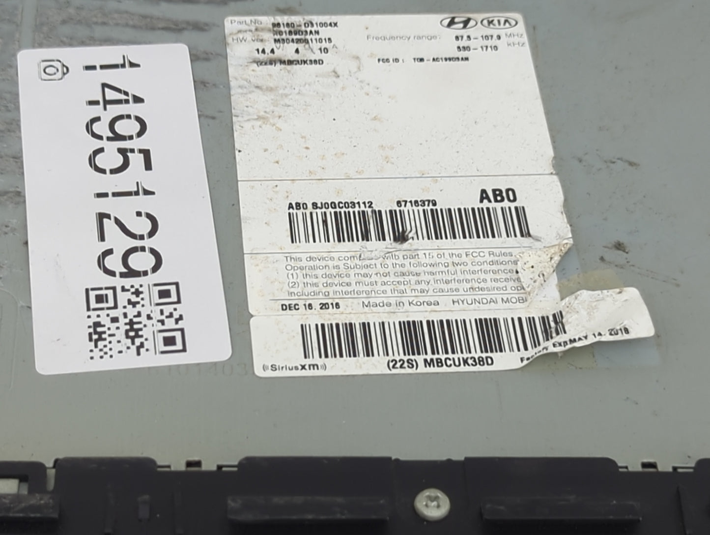 2016-2017 Hyundai Tucson Radio AM FM Cd Player Receiver Replacement P/N:96180-D3100 4X AC199D3AN, MBCUK38D Fits Fits 2016 20