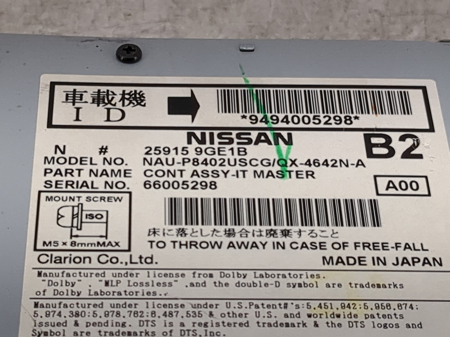 2016-2017 Infiniti Qx50 Radio AM FM Cd Player Receiver Replacement P/N:259159GE1B NAU-P8402USCG Fits Fits 2016 2017 2018 201