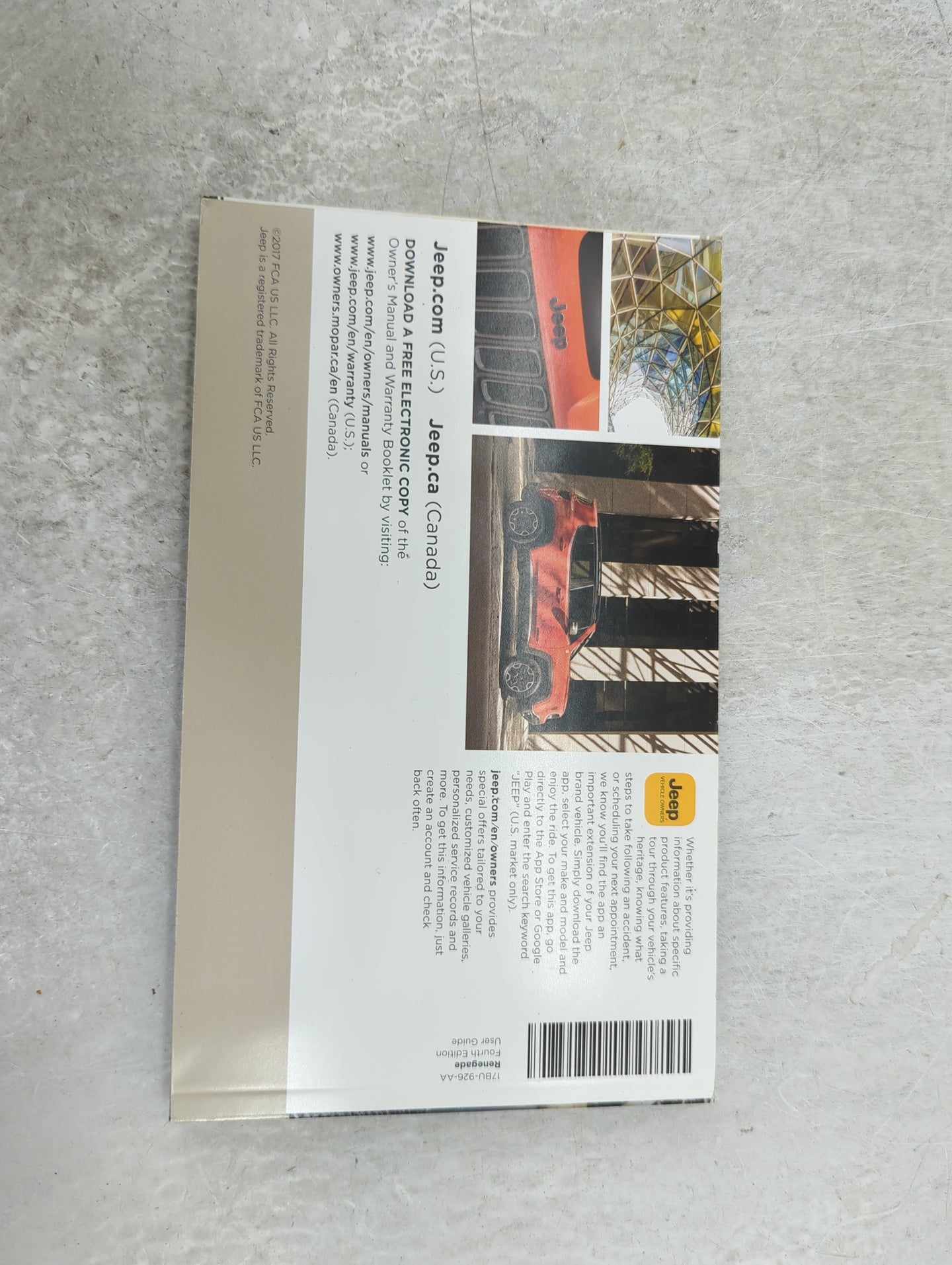 2017 Jeep Renegade Owners Manual Book Guide P/N:17BU-926-AA OEM Used Auto Parts - Oemusedautoparts1.com