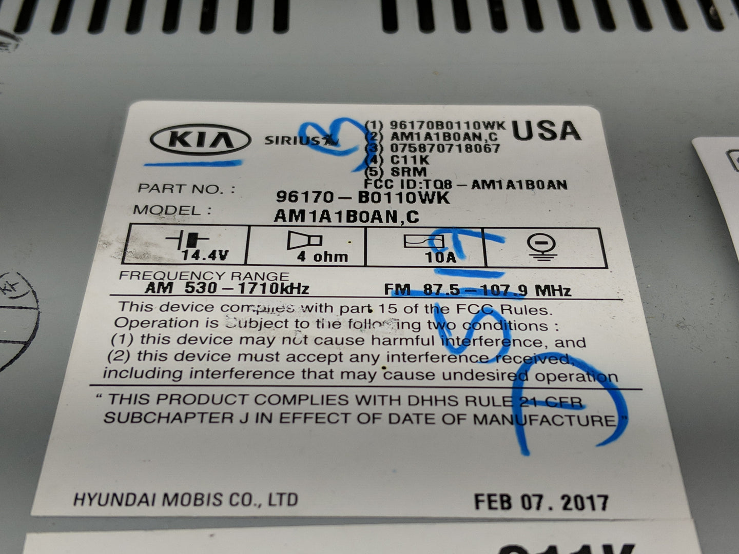 2017-2018 Kia Forte Radio AM FM Cd Player Receiver Replacement P/N:96170-B0110WK Fits Fits 2017 2018 OEM Used Auto Parts - O