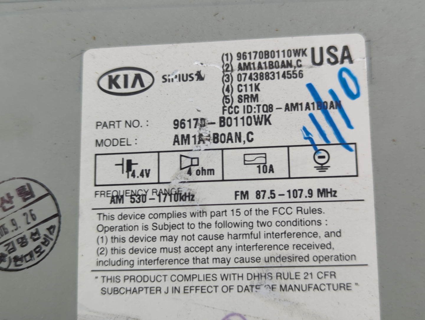 2017-2018 Kia Forte Radio AM FM Cd Player Receiver Replacement P/N:96170-B0110WK Fits Fits 2017 2018 OEM Used Auto Parts - O