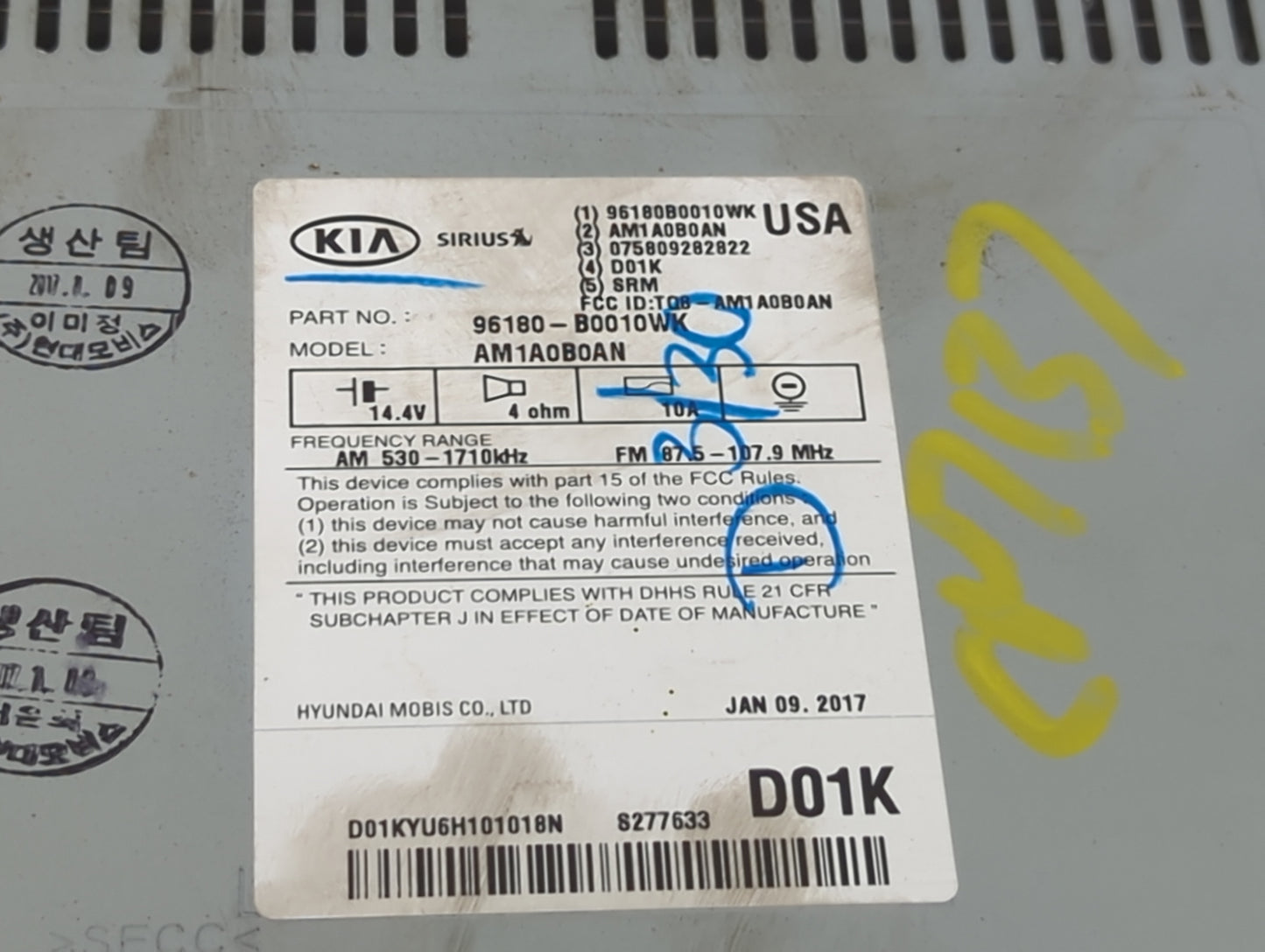 2017-2018 Kia Forte Radio AM FM Cd Player Receiver Replacement P/N:96180-B0010WK AM1A0B0AN, TQ8-AM1A0B0AN Fits Fits 2017 201